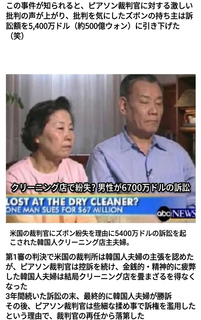 米ニュース番組「abc NEWS」で報じられた韓国人夫婦の様子と、訴訟の経緯および結末を説明するテキスト