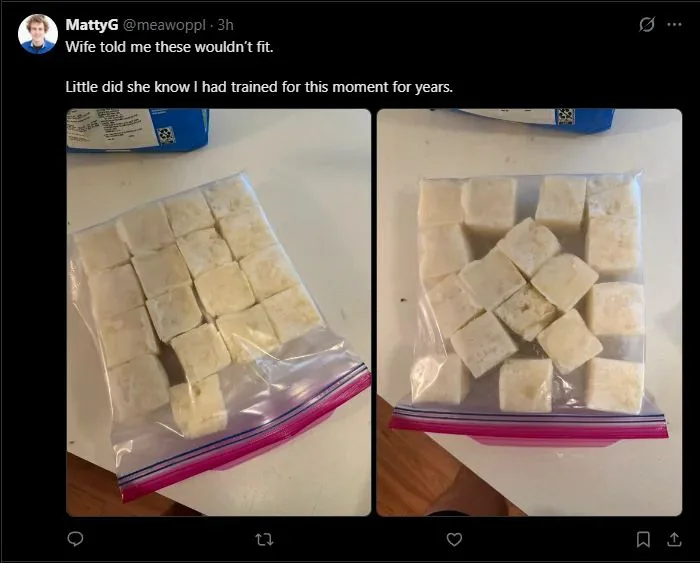 A screenshot of a tweet showing two photos: one of frozen cubes neatly packed in a ziplock bag in a flat grid, and another where they are disorganized and barely fit.