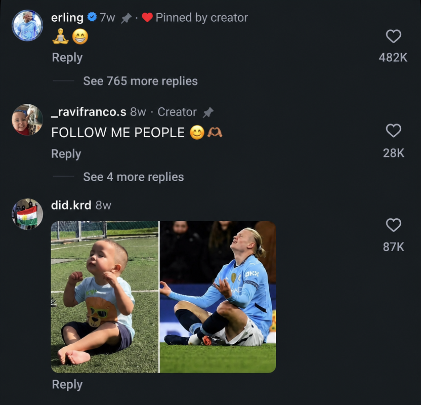 A photo of the baby mimicking Haaland's meditation celebration, alongside a screenshot of a comment left by Erling Haaland.