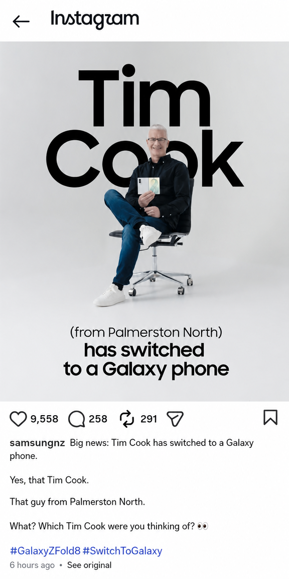 A screenshot of an ad posted on Samsung New Zealand's Instagram account, featuring a gray-haired middle-aged man sitting in a chair holding a Galaxy foldable phone, with large text in the background reading 'Tim Cook (from Palmerston North) has switched to a Galaxy phone'.
