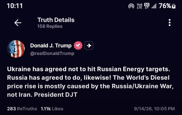 A screenshot of a post by Donald J. Trump on Truth Social discussing energy targets in the Russia-Ukraine war and global diesel prices.