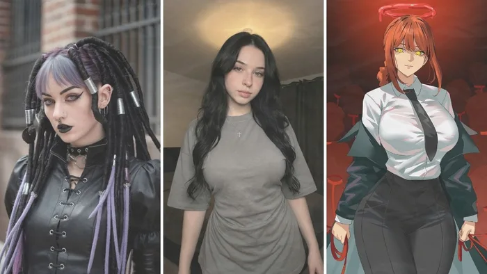 3つの異なる美学を並べた画像：豪華なゴスのドレッドヘアと黒いレザーの服を着た女性、シンプルなグレーのTシャツを着たダークなウェーブヘアの女性、そしてビジネススーツを着た『チェンソーマン』のマキマのアニメイラスト。