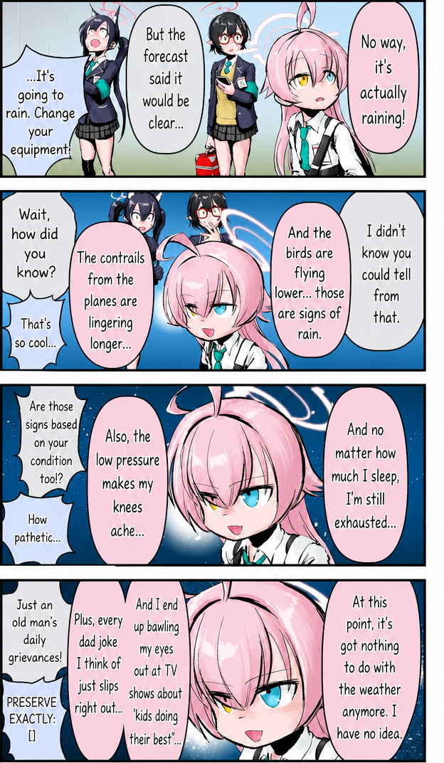 A 4-panel comic strip where Blue Archive character Hoshino explains signs of coming rain, but gradually starts venting about aging symptoms like knee pain, sleepiness, and crying while watching TV.