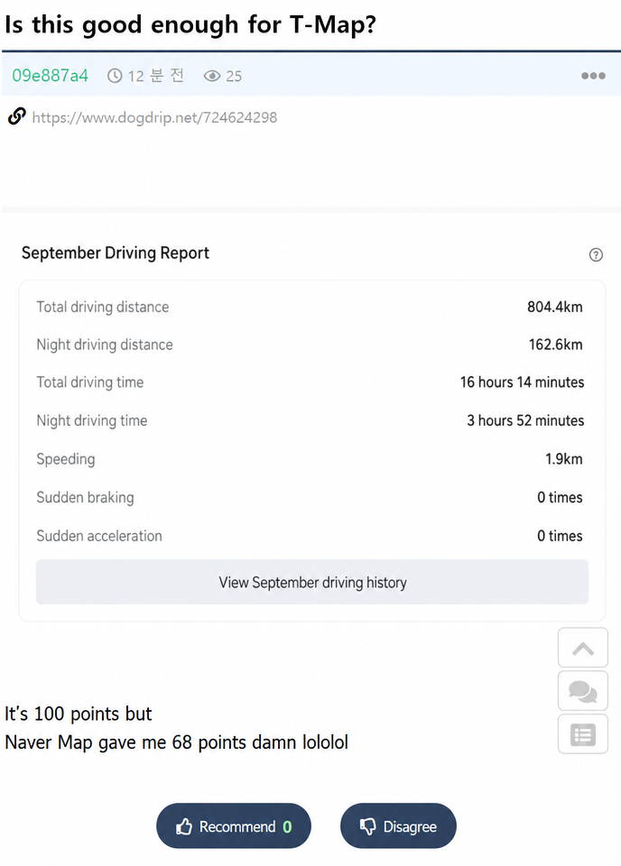 Screenshot of T-Map September driving report. Total driving distance 804.4km, speeding 1.9km, sudden braking 0 times, sudden acceleration 0 times. The driver scored 100 points, but wrote that Naver Map gives them 68 points.
