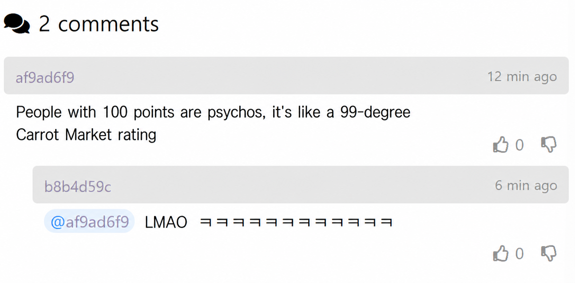 Screenshot of a comment on the post saying, 'A score of 100 is like having a 99-degree manner temperature on Carrot Market.'