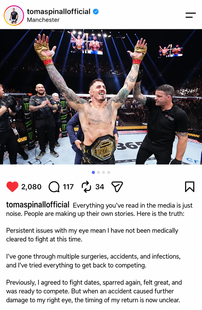 A photo of Tom Aspinall with the championship belt raised, accompanied by a screenshot of his official statement regarding his eye injury and the decision to relinquish the title.