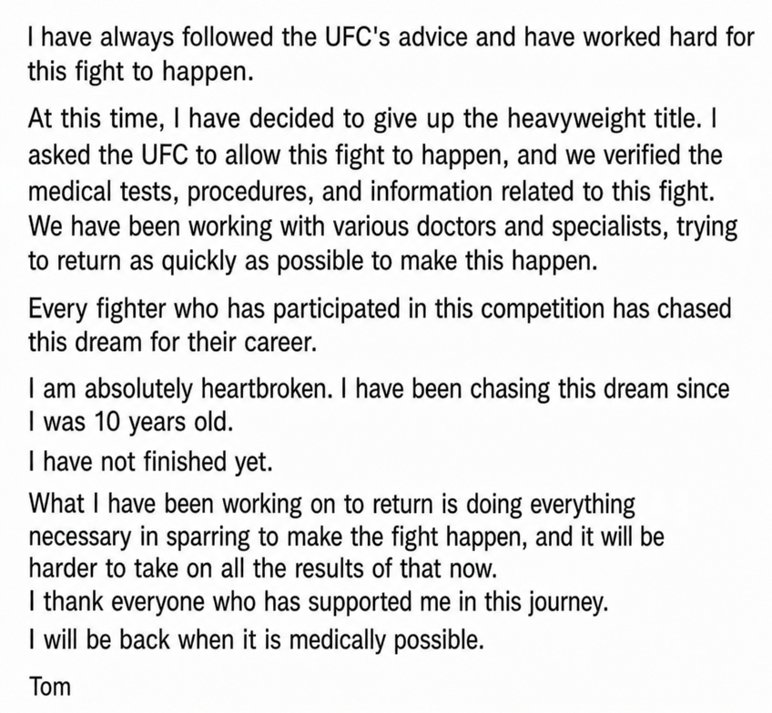 A screenshot of the latter part of the statement where Tom Aspinall expresses his feelings about relinquishing the heavyweight title and his determination to return.