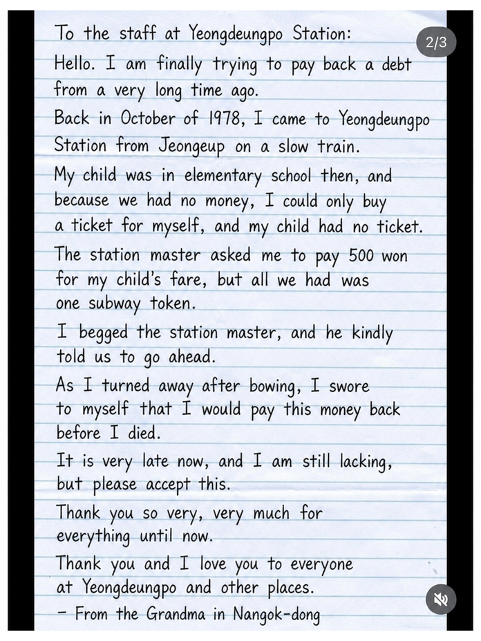 A handwritten letter with shaky handwriting from a grandmother trying to repay an old train fare.