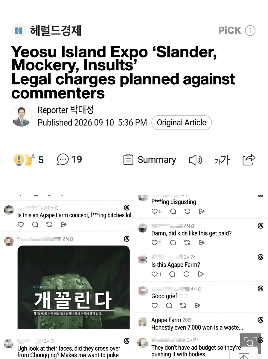 Herald Economy news article headline announcing legal action against commenters who slandered and mocked the Yeosu Island Expo, accompanied by screenshots of actual abusive comments crossing the line