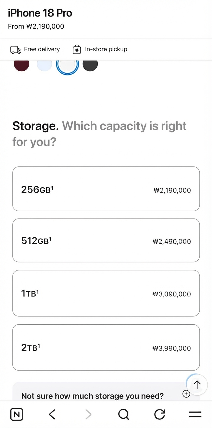 A mockup screen listing iPhone 18 Pro storage options priced from 2.19 million KRW to 3.99 million KRW.