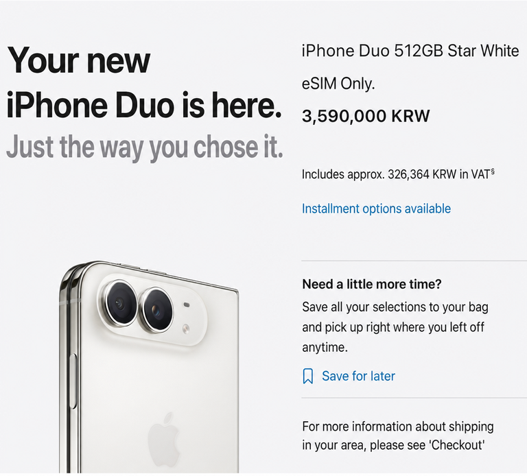 A purchase page for Apple's fictional foldable smartphone, the iPhone Duo. The price for the 512GB model is shown as approximately 3.59 million KRW.