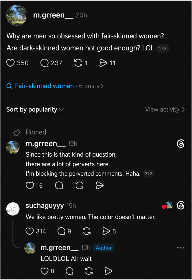 A screenshot of a social media post asking about preferences regarding skin color, with a clear comment underneath stating that men just like pretty women regardless of skin color.