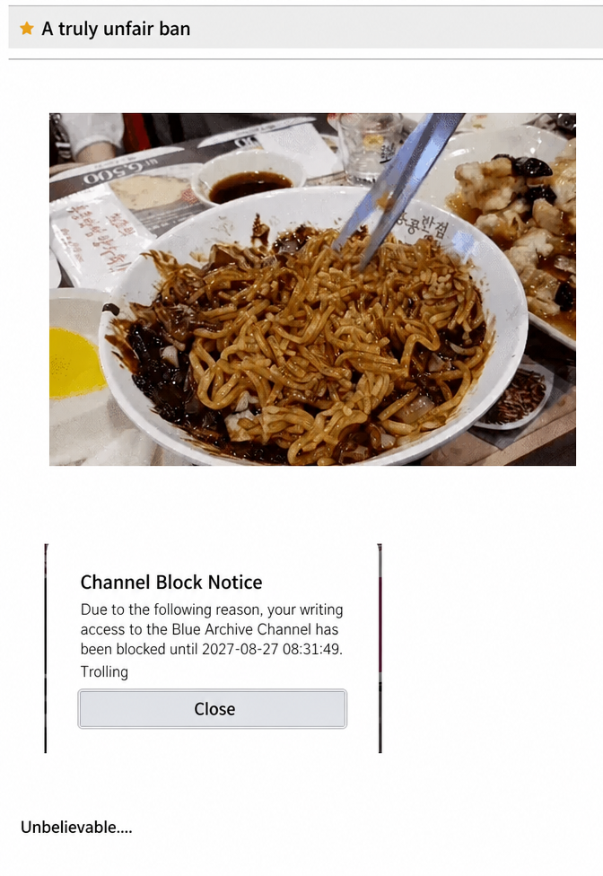 A screenshot showing a bowl of jajangmyeon shredded with scissors, along with a notice that the channel usage has been suspended for trolling.