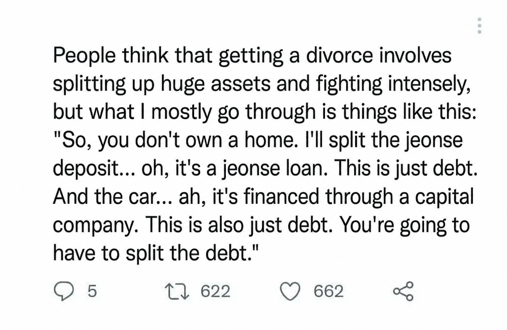 Screenshot of a tweet discussing the reality of divorce lawsuits where couples end up splitting debts like lease loans and car payments instead of actual assets