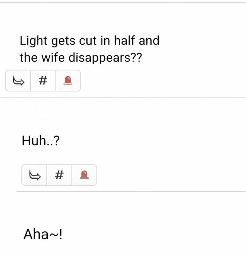 Screenshot of an online community comment optimistically reacting that their debt gets cut in half and they lose their wife too