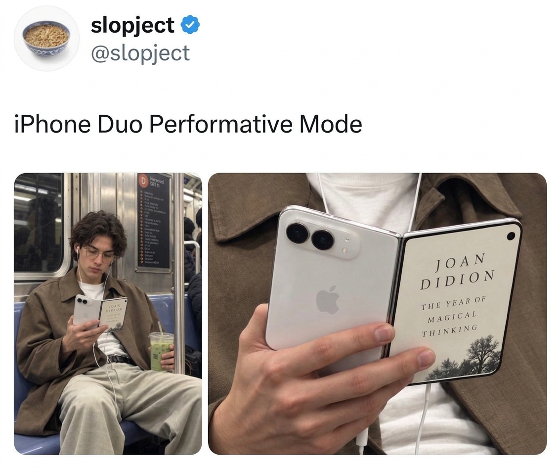 A screenshot of a tweet showing a man seated on the subway holding an open dual-screen smartphone, with the outer display showing a book cover.