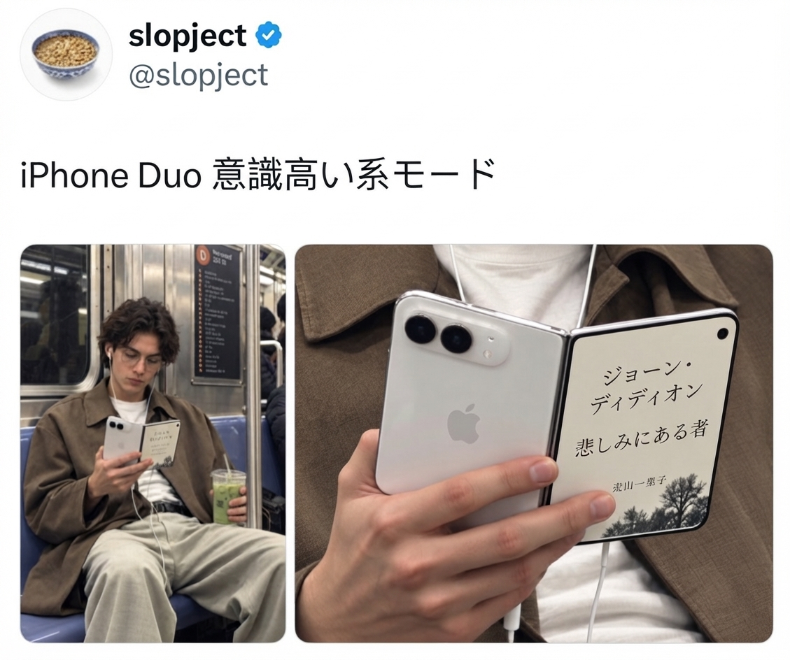 地下鉄に座った男性が見開き式のデュアルスクリーンスマートフォンを開いて持ち、外側画面に本の表紙が表示されている様子を捉えたツイートのスクリーンショット。