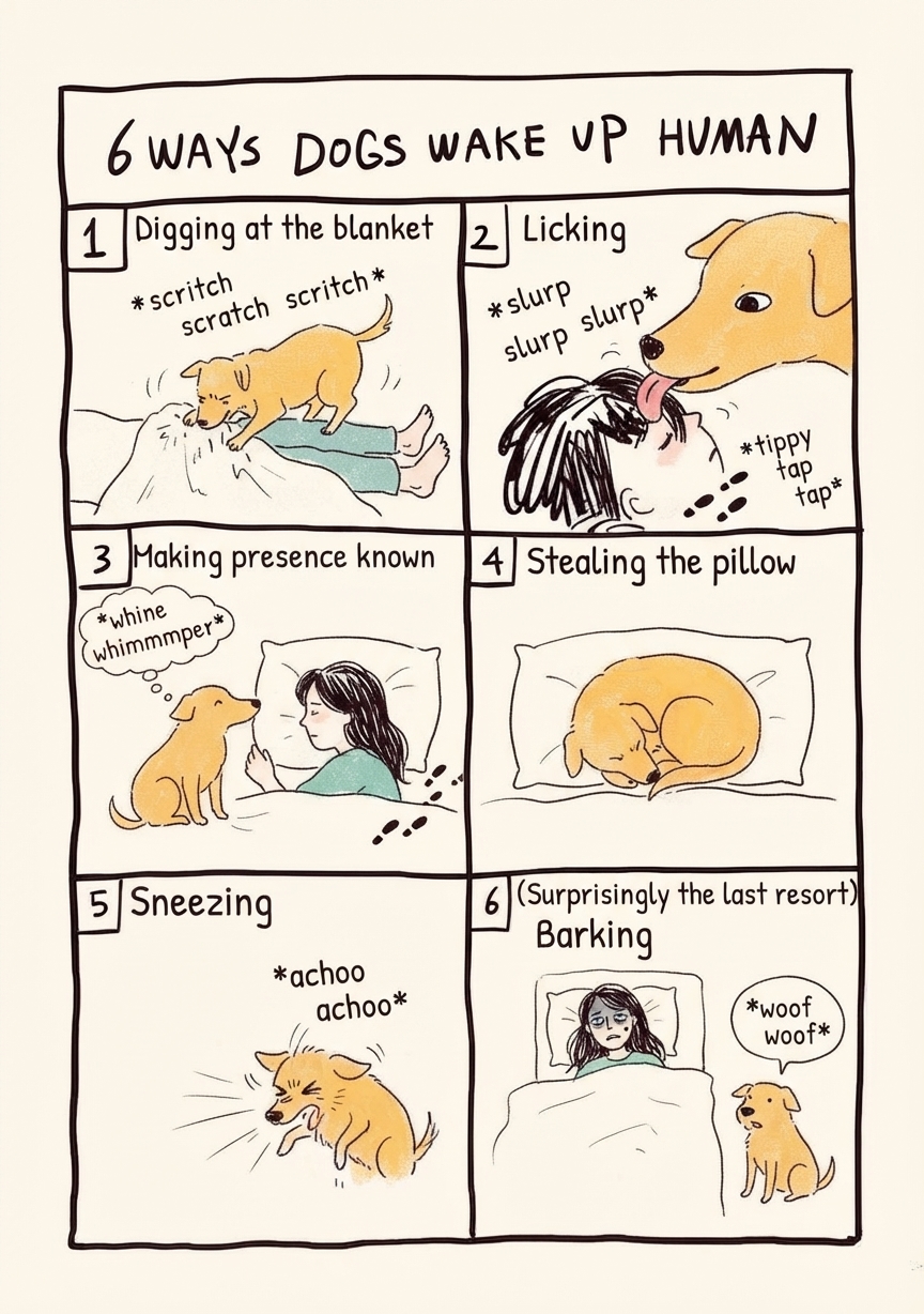 An illustrated comic depicting 6 ways a dog wakes up its sleeping owner: 1. Digging at the blanket, 2. Licking, 3. Making its presence known with footsteps and whimpers, 4. Stealing the pillow, 5. Sneezing, 6. Barking as a last resort.