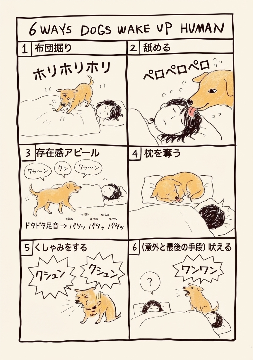 犬が眠っている飼い主を起こす6つの方法を描いたイラスト漫画：1. 布団を掘る、2. 舐める、3. 足音と鼻鳴らしで存在感をアピールする、4. 枕を奪う、5. くしゃみをする、6. 最後の手段として吠える。