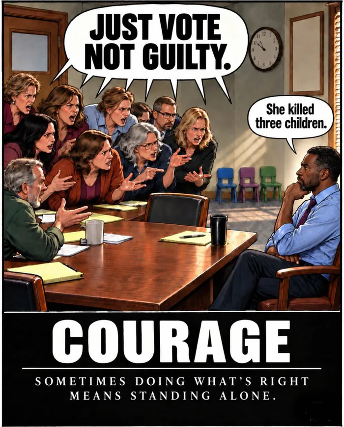 AI-generated courtroom parody of 12 Angry Men where an angry group of jurors demands a not-guilty vote from a lone Black juror who points out the defendant killed three children, framed as a demotivational poster captioned 'COURAGE'.