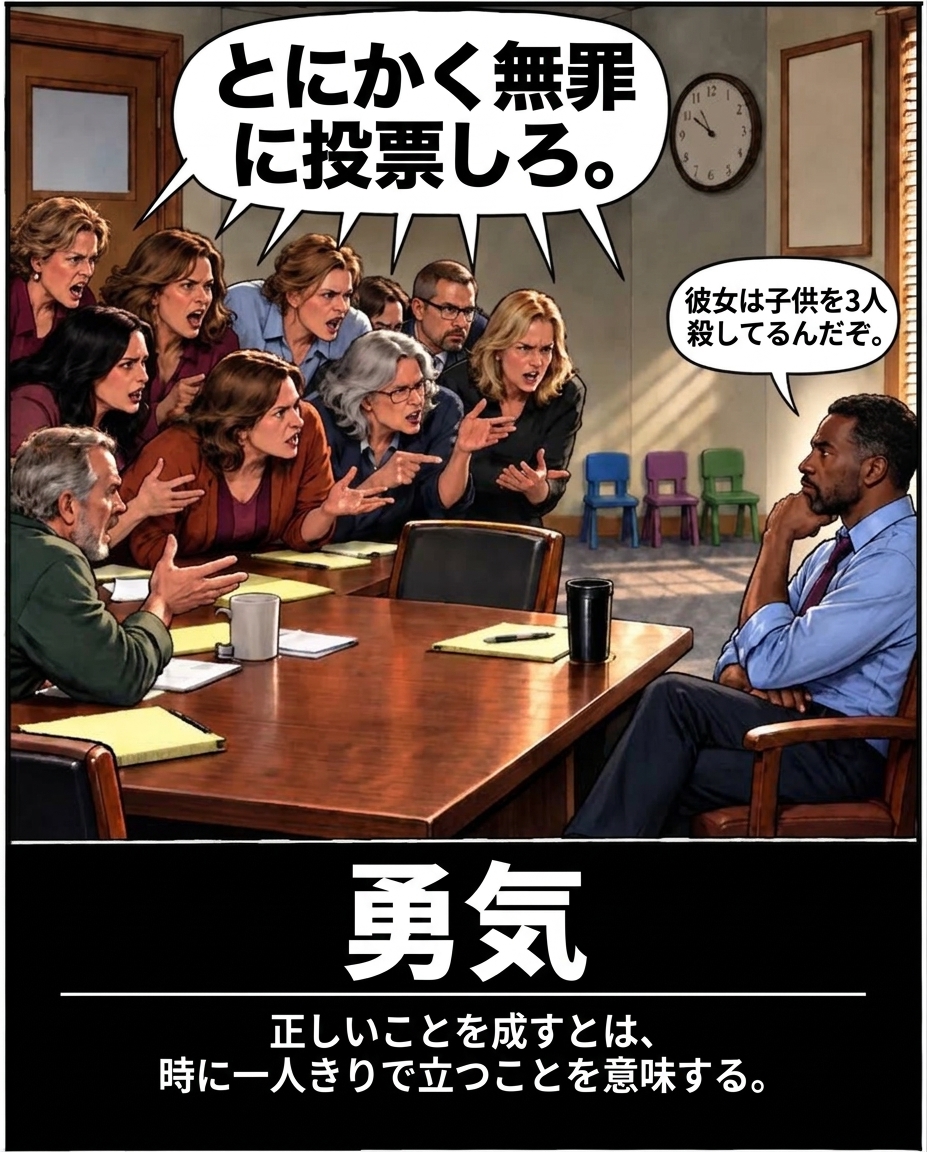 怒号をあげる陪審員たちから無罪を迫られつつも「彼女は子供3人を殺している」と指摘する男性陪審員を描いたパロディ画像。