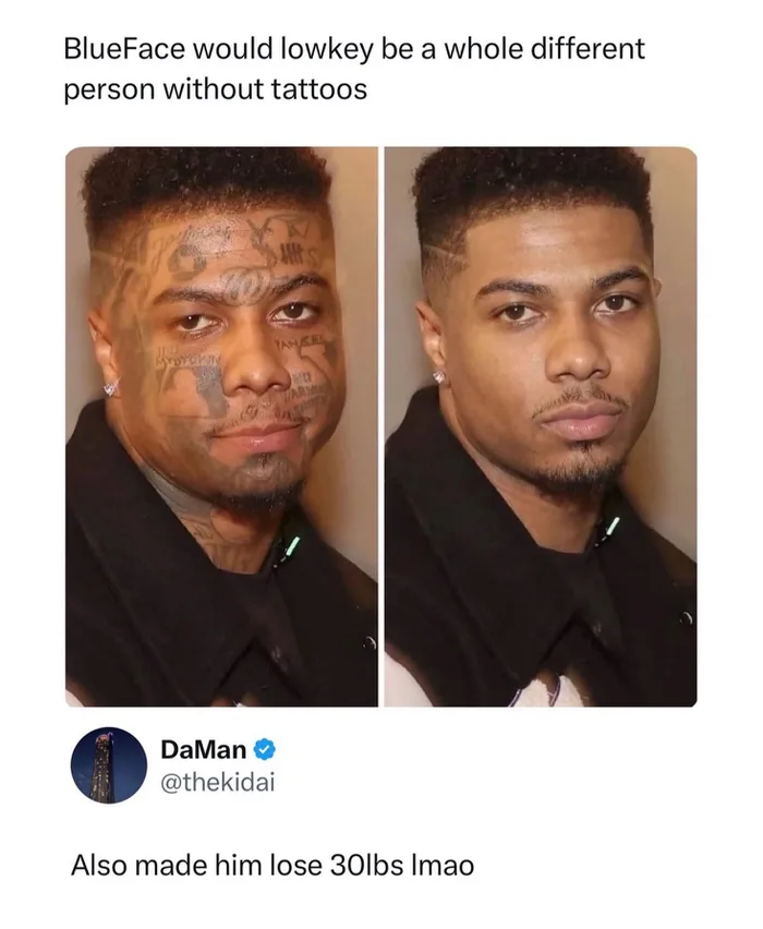 Side-by-side comparison of rapper Blueface with his facial tattoos versus an edited version without tattoos and a slimmer face, with a tweet noting it made him lose 30 pounds.