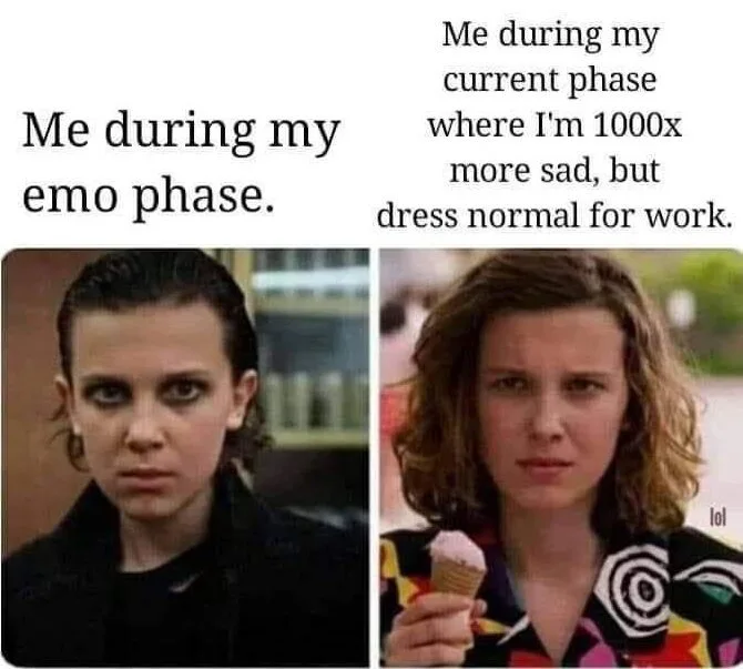 A two-panel meme comparing Eleven from Stranger Things in her punk emo style versus wearing colorful clothes and holding an ice cream cone with the same deadpan expression.