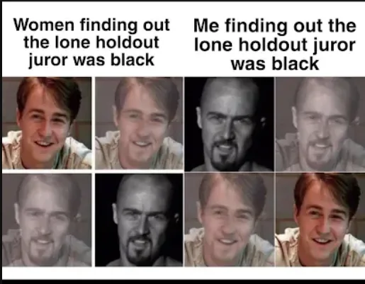 A split meme featuring Edward Norton morphing between his smiling character in Primal Fear and his neo-Nazi character in American History X under captions contrasting reactions to finding out a holdout juror was black.