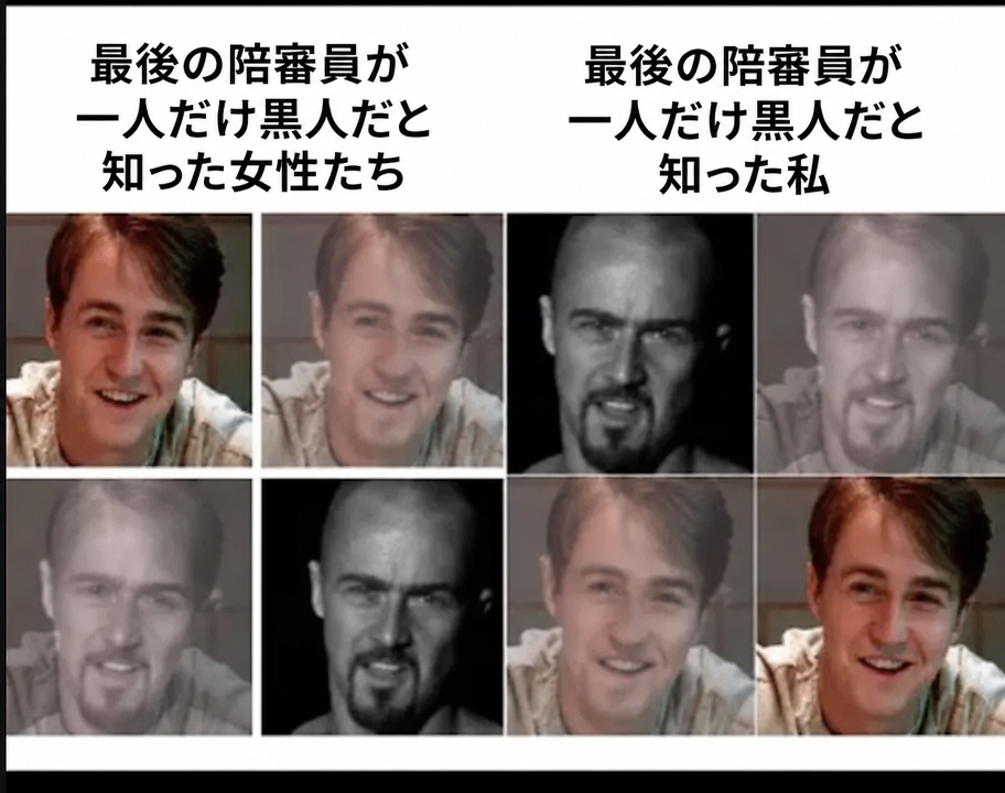 エドワード・ノートンが映画『真実の行方』の笑顔のキャラクターと『アメリカン・ヒストリーX』のネオナチのキャラクターの間で変化する様子を描いた分割ミーム。最後の陪審員が一人だけ黒人だったと知った時の反応を対比するキャプションが添えられている。