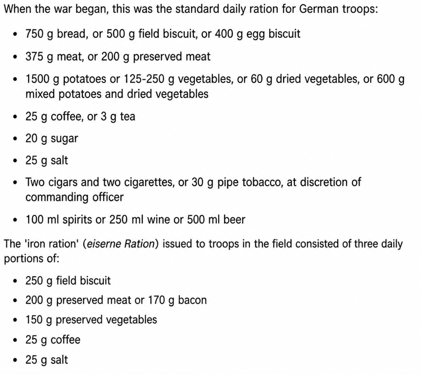 An English text list detailing the standard daily rations of the German army at the outbreak of World War I.