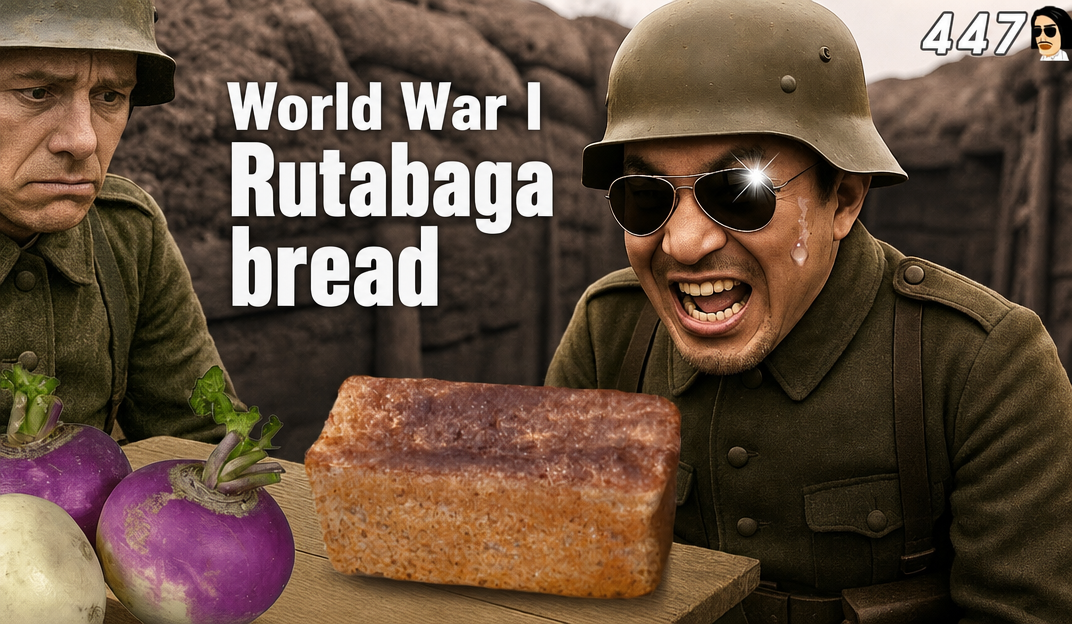 A composite image of soldiers screaming in front of rutabagas and rutabaga bread.