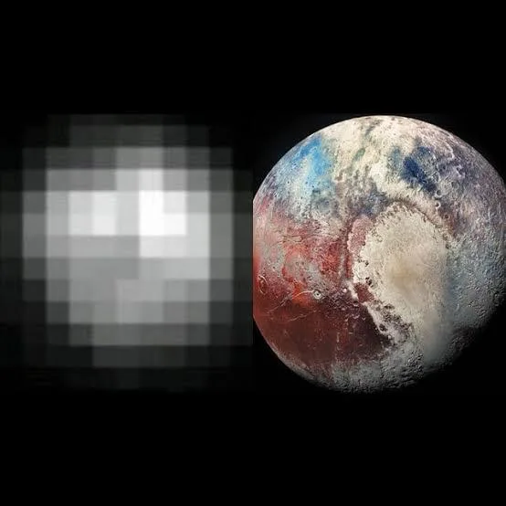 Side-by-side comparison showing an early, heavily pixelated low-resolution image of Pluto on the left, and an extremely clear, detailed high-resolution color photograph of Pluto's surface on the right.