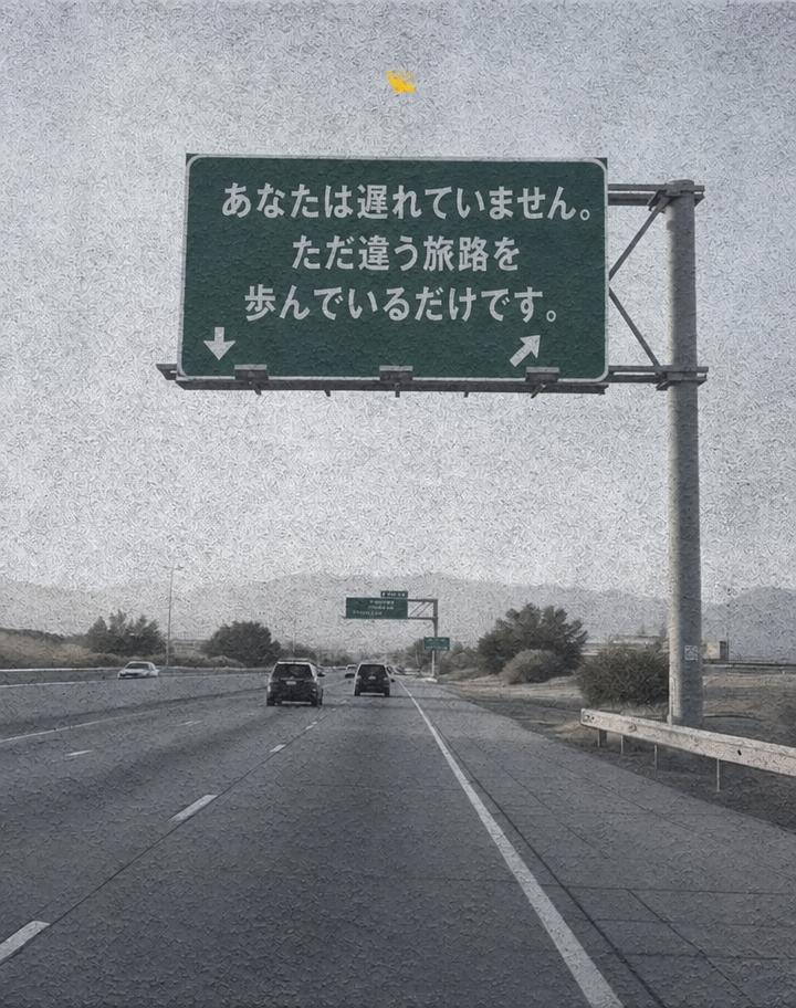 「あなたは遅れていません。ただ違う旅路を歩んでいるだけです」と書かれた高速道路の標識。