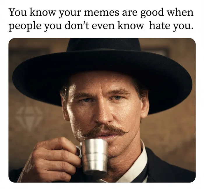 Doc Holliday sipping from a tin cup with text about making strangers hate you with good memes.