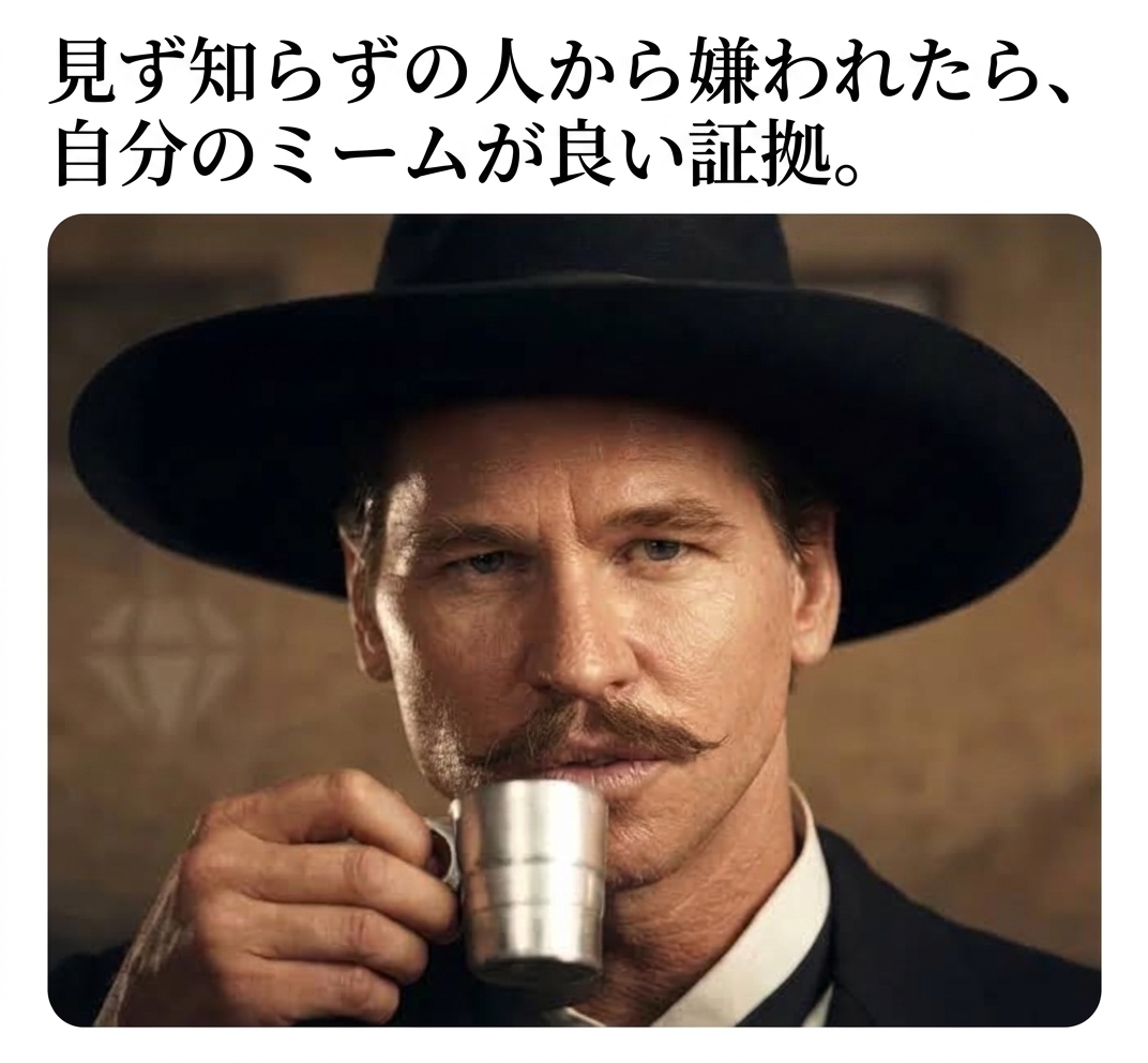 カップを手にするドク・ホリデイと、ミームについてのテキストが書かれた画像。