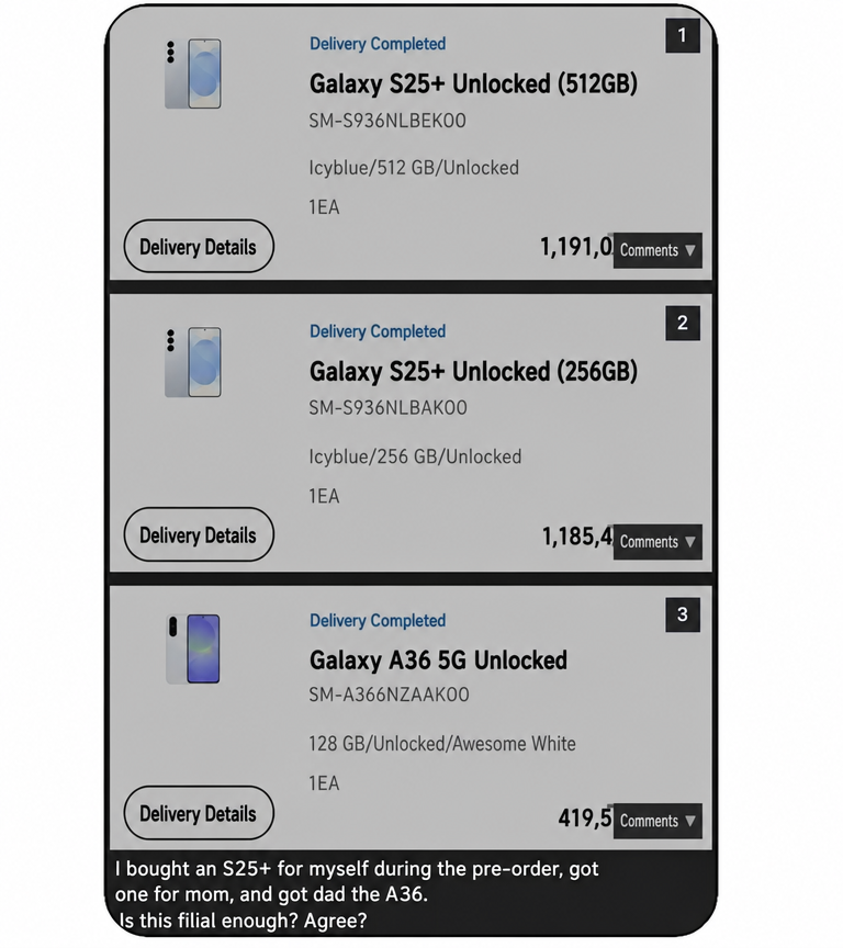 Screen showing an online shopping order for two Galaxy S25+ and one Galaxy A36.