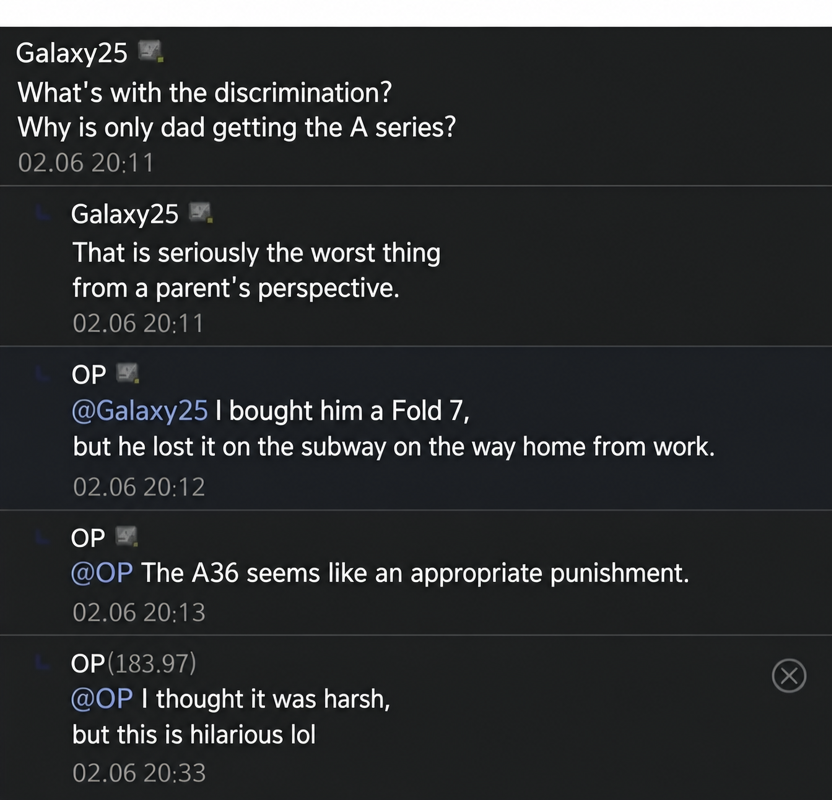 Screenshot showing comments criticizing the discrimination, followed by the OP's reply about his father losing his Fold 7 on the subway.