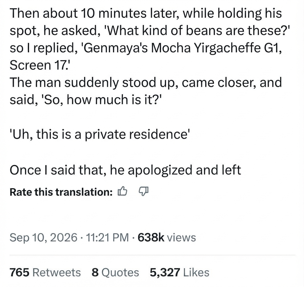 Screenshot of the follow-up social media post where the stranger asked about the beans and the price, only to apologize and leave once told it was a private residence.