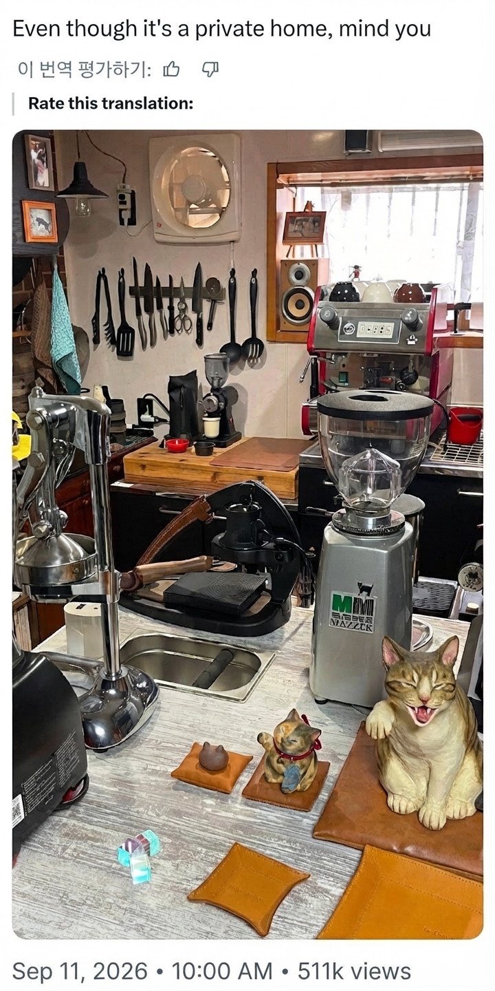 Photo of a home kitchen packed with commercial espresso machines, grinders, and specialty coffee brewing equipment like a professional café.