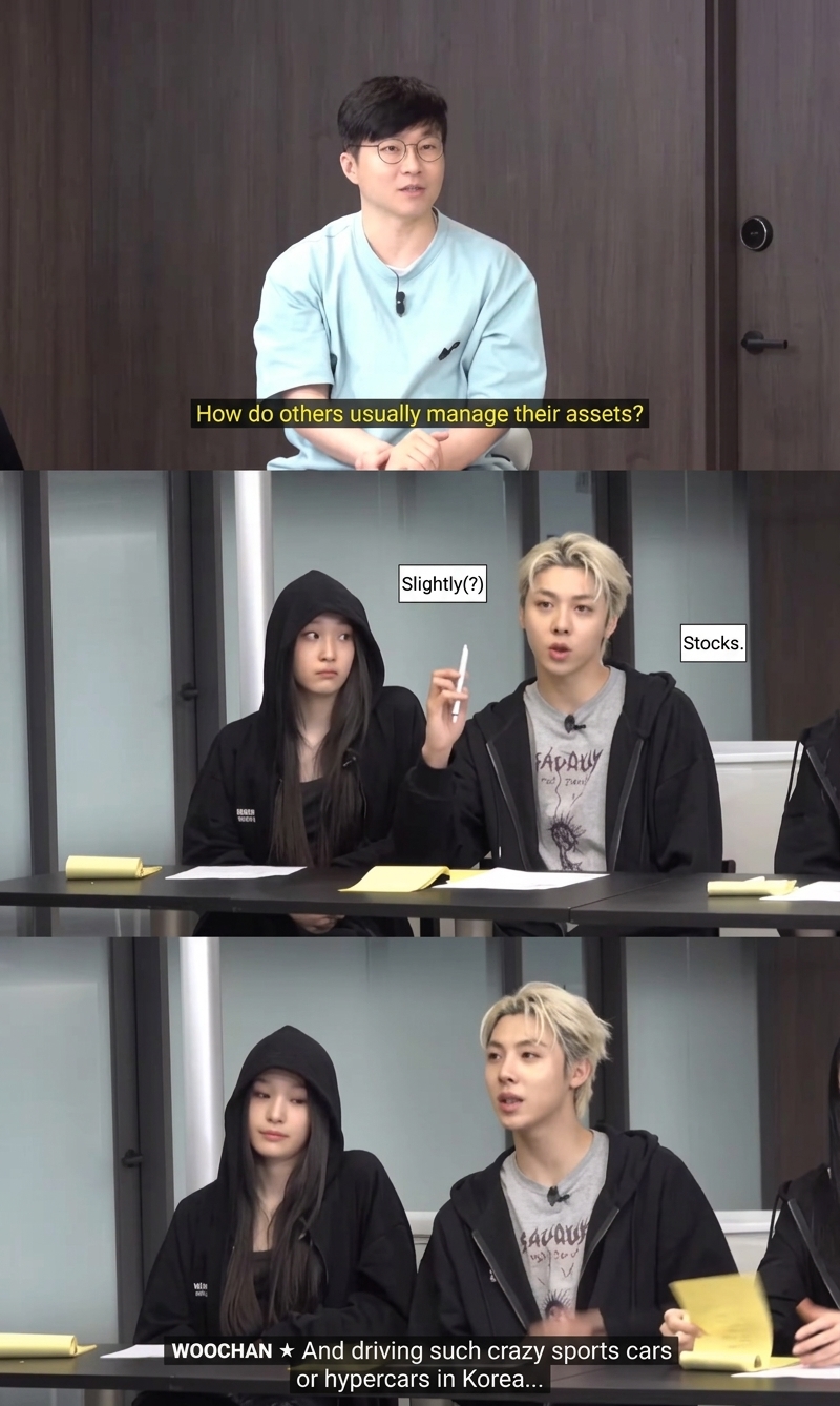 A 3-panel video capture showing Syuka and the members answering questions about asset management and hypercars.