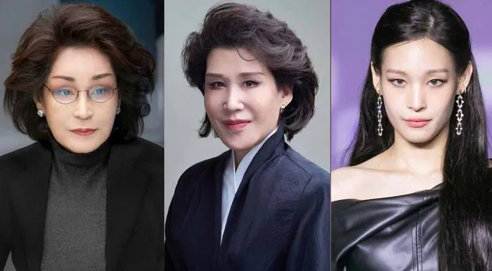 新世界グループの李明熙会長、鄭有慶総括社長、ALLDAY PROJECTのアニーの3人の比較写真。