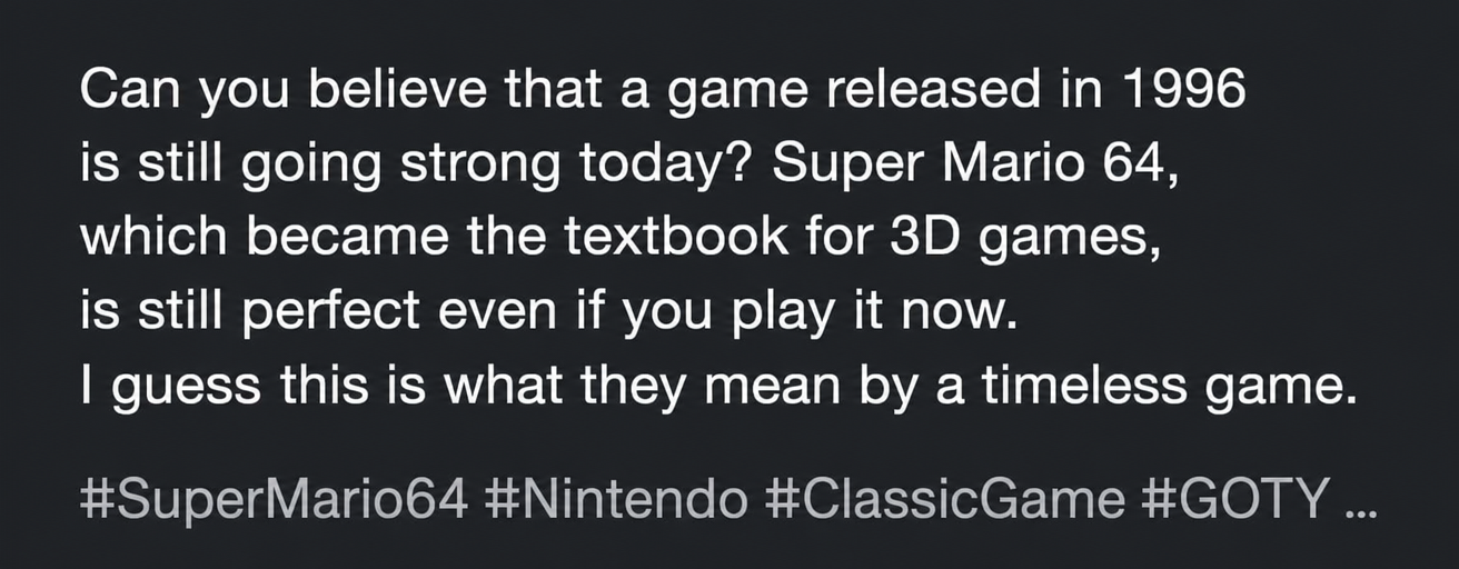 Screenshot of a descriptive text stating that Mario 64, released in 1996, is the textbook for 3D games and a timeless masterpiece
