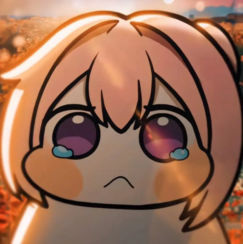 Cute animated character with tearing eyes and a sulky expression.