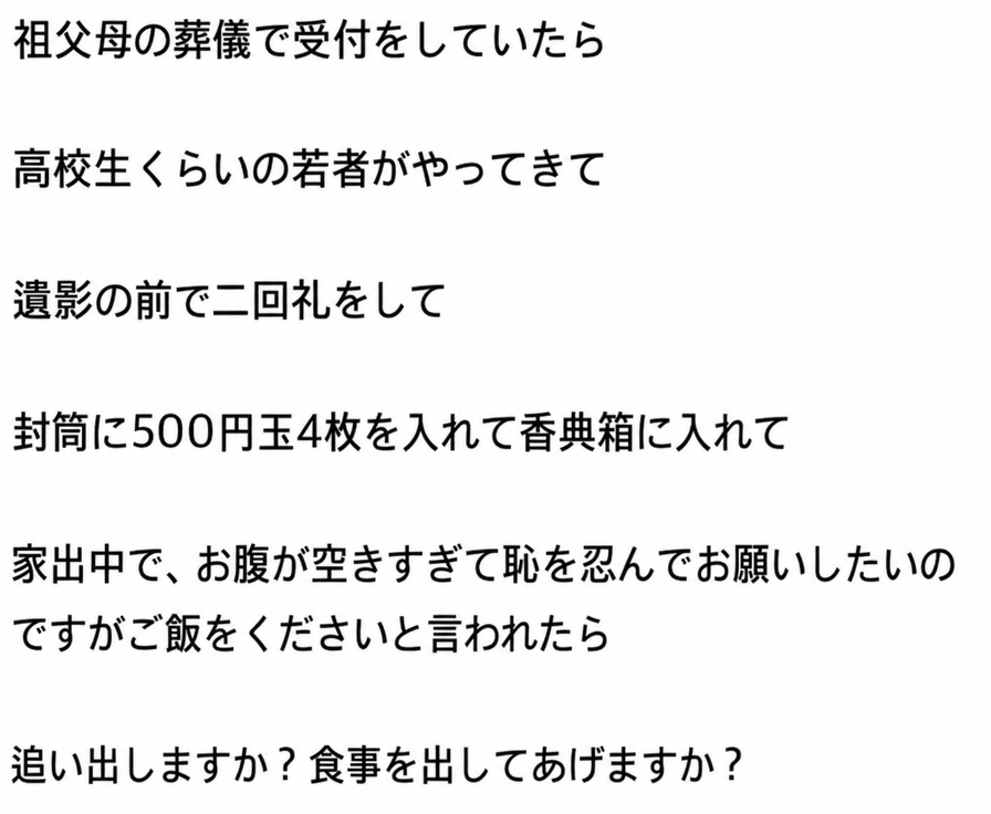 葬儀場に現れた家出少年の状況についての質問本文のスクリーンショット