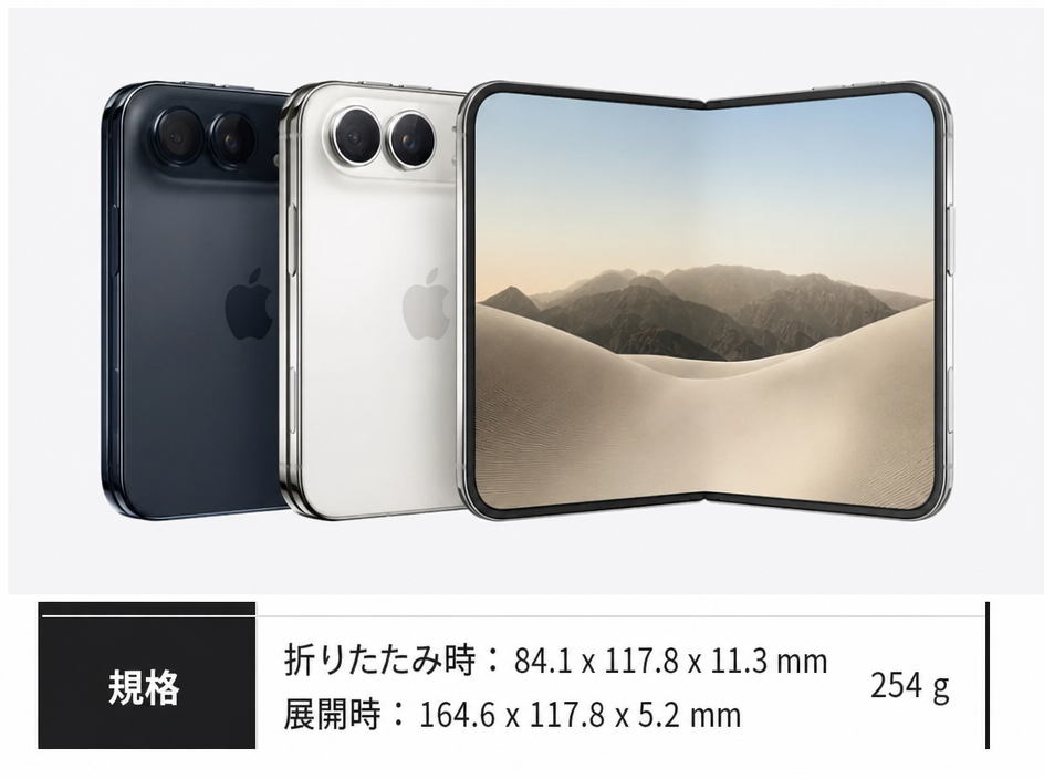 折りたたみ式iPhoneのコンセプトレンダリング画像と、その規格および重量（254g）を示すスペック表