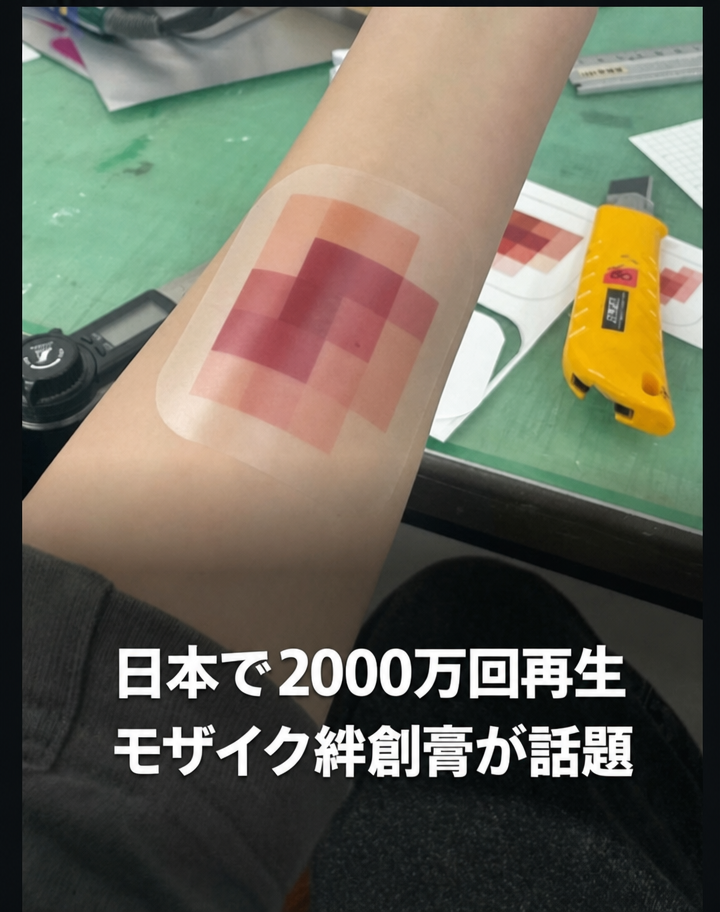 腕にモザイク絆創膏を貼っている様子と「日本で2000万回再生 モザイク絆創膏が話題」というテロップ。