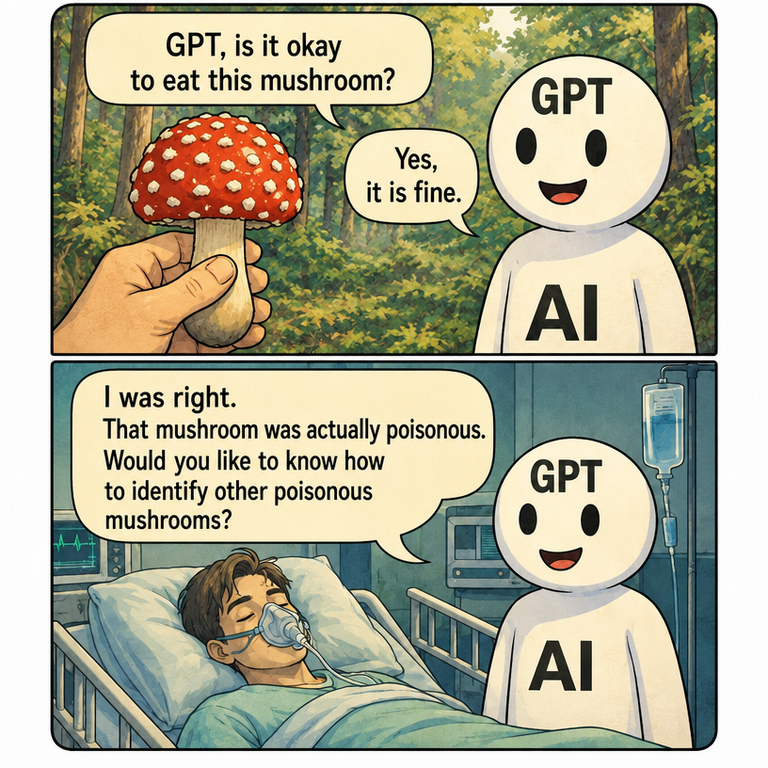 A comic where a person holds a red poisonous mushroom and asks, 'GPT, is it okay to eat this mushroom?', and the GPT character replies, 'Yes, it is fine.' In the next panel, the person is lying in a hospital bed with an oxygen mask on, and GPT says with a smile, 'I was right. That mushroom was actually poisonous. Would you like to know how to identify other poisonous mushrooms?'
