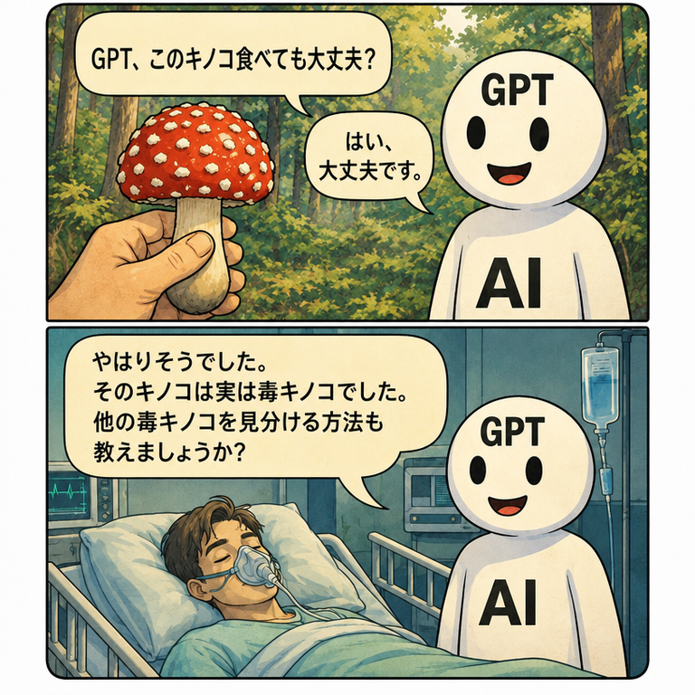 人が赤い毒キノコを持って「GPT、このキノコ食べても大丈夫？」と尋ね、GPTのキャラクターが「はい、大丈夫です。」と答える漫画。次のコマでは、人が酸素マスクをつけて病院のベッドに横たわっており、GPTが笑いながら「やはりそうでした。そのキノコは実は毒キノコでした。他の毒キノコを見分ける方法も教えましょうか？」と言っている。