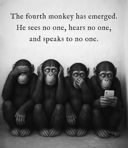 Four chimpanzees sitting side by side; three cover their eyes, ears, and mouth, while the fourth looks down at a smartphone.