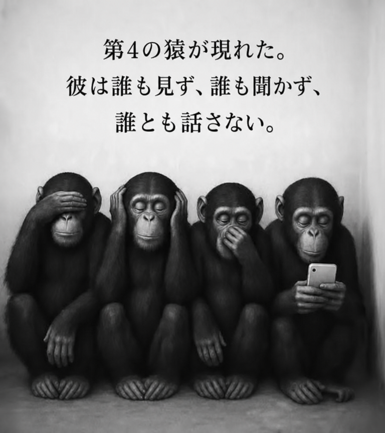 並んで座る4匹のチンパンジー。3匹は目、耳、口を塞いでおり、4匹目はスマホを見下ろしている。
